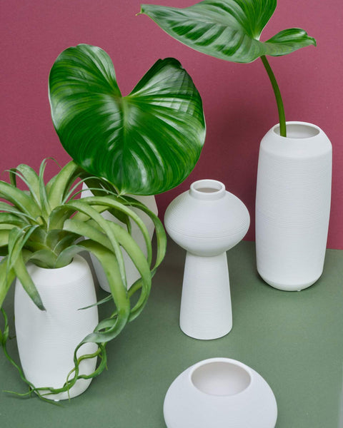Bianca White Textured Striped Vase - Medium Curved Cylindrical